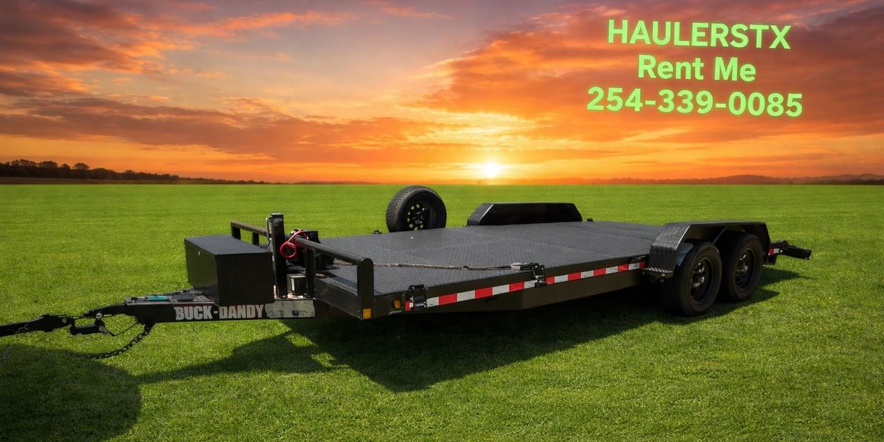 Flatbed trailer on grass with sunset and rental contact info.