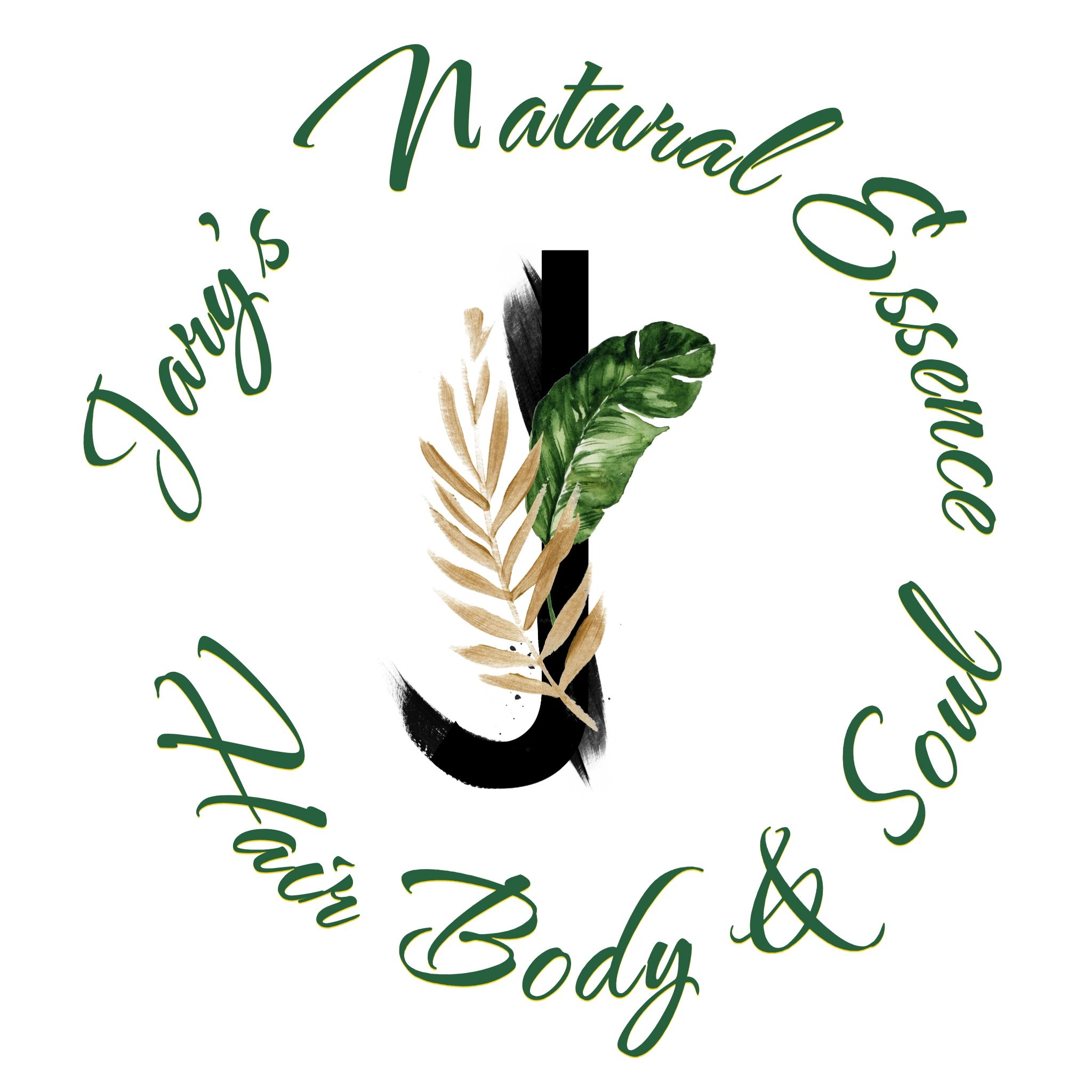 Logo for Jary's Natural Essence, emphasizing hair, body, and soul care with a natural theme.