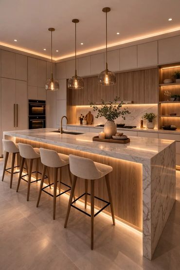 Modern kitchen with marble island and warm lighting.