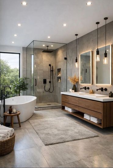 Modern bathroom with freestanding tub, glass shower, and double vanity with wooden cabinetry.