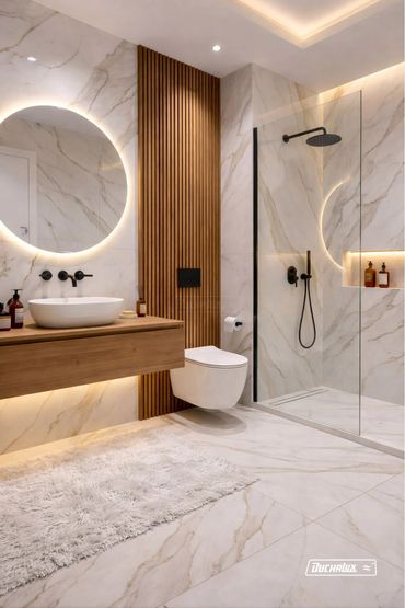 Modern bathroom with marble walls, wooden accents, and a glowing round mirror.