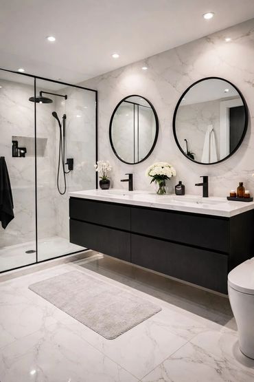 Modern bathroom with black fixtures and round mirrors.
