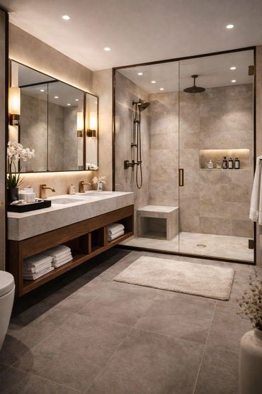 Modern bathroom with double sinks and a glass-enclosed shower area.