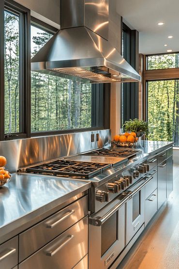 Modern stainless steel kitchen with large windows and a fruit bowl.