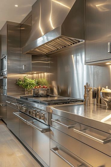 Sleek stainless steel kitchen with modern appliances and fresh herbs on the counter.