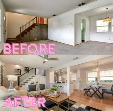 Living room and dining area before and after renovation with modern decor and open layout.