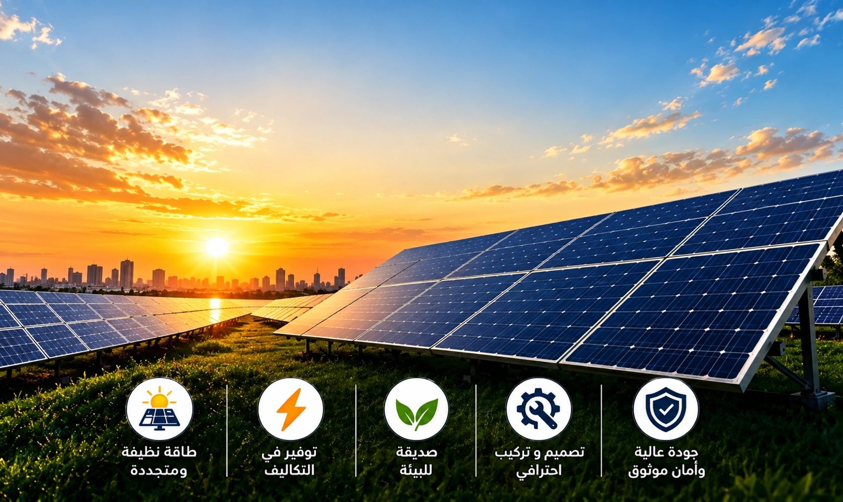 Solar panels at sunset with Arabic text highlighting clean energy benefits.