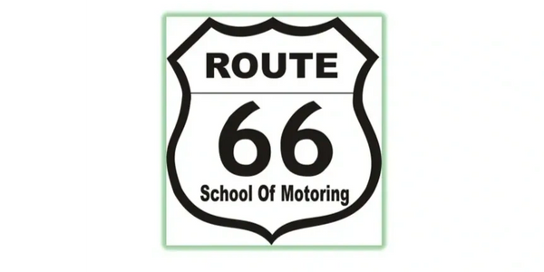 Black and white Route 66 School of Motoring shield logo.