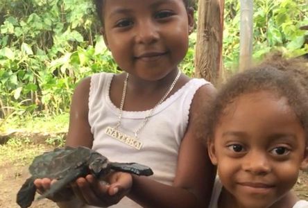 Kids on Little Corn Island with a turtle.