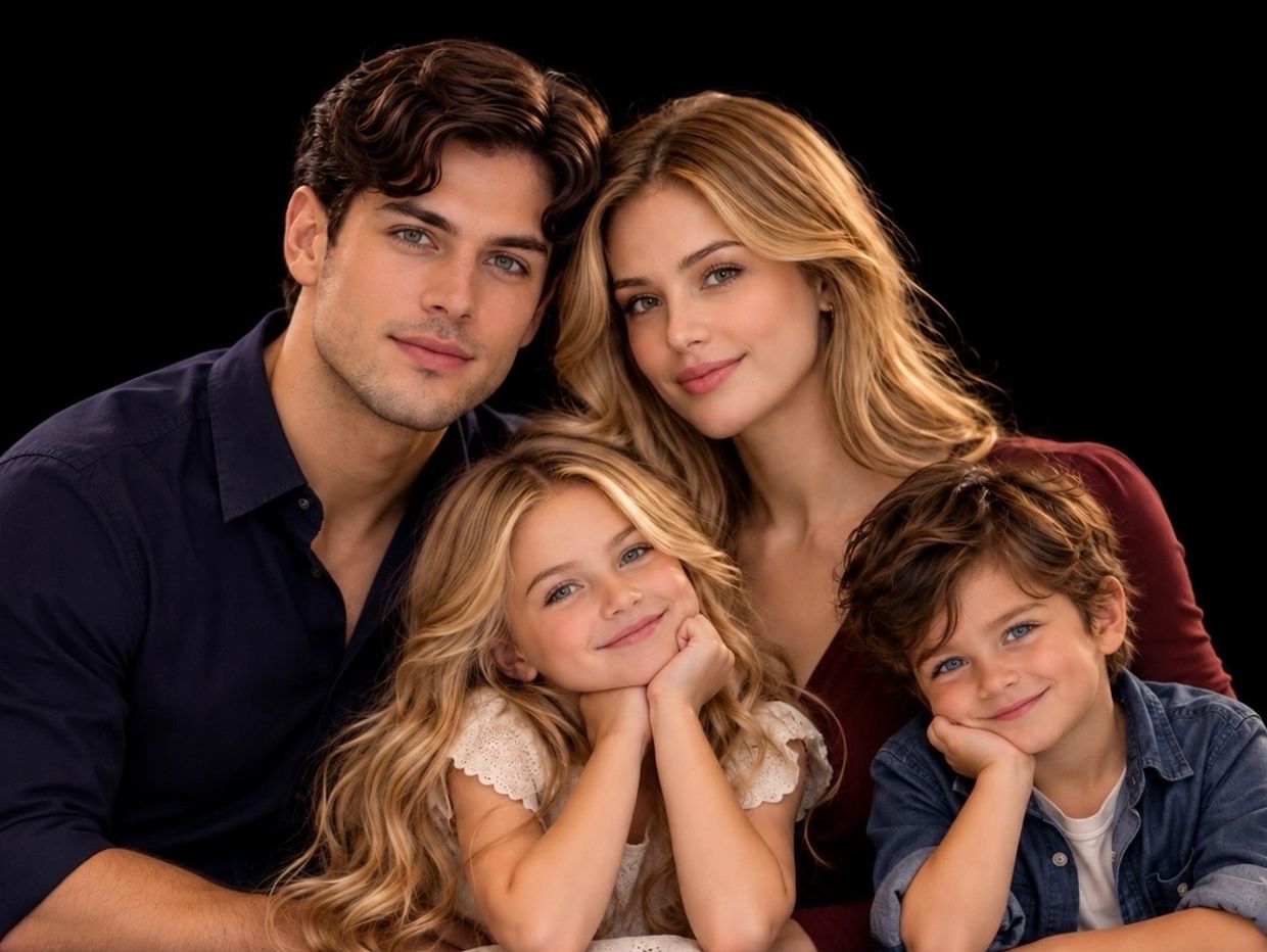 Portrait of a smiling family of four with parents and children.