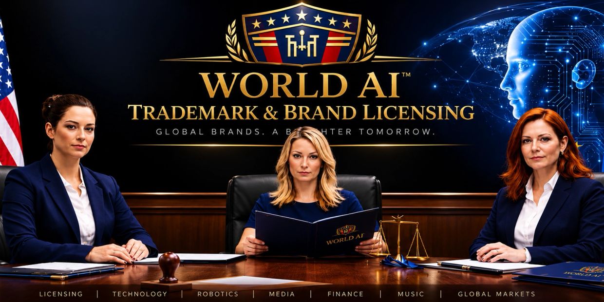 Three women in suits at a conference table with World AI signage.