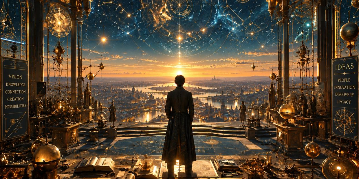 Person overlooking a celestial cityscape filled with golden astrological instruments.