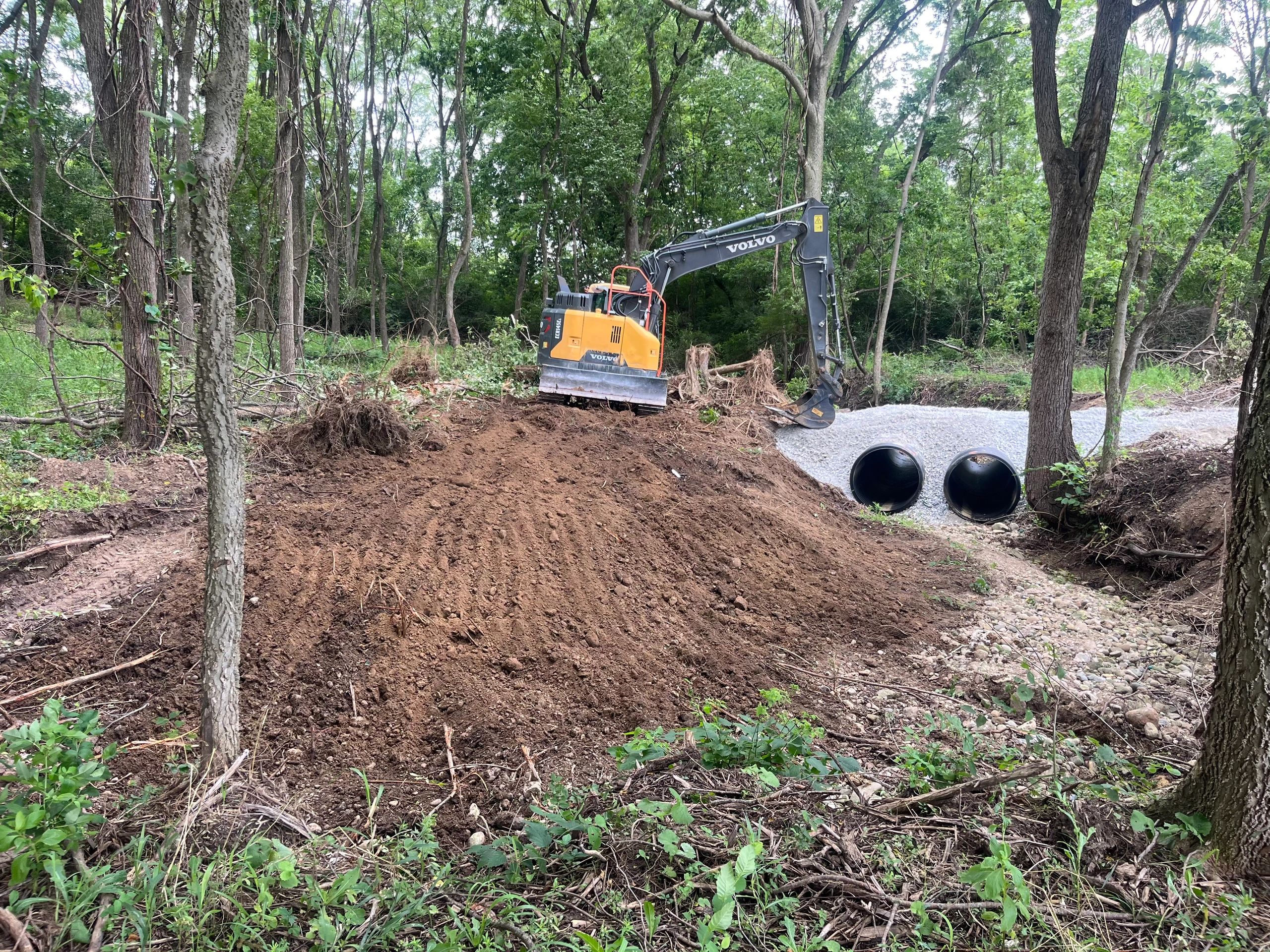 Excavator working in a forest clearing.