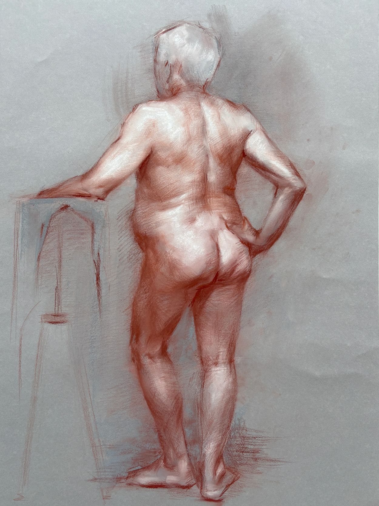 academic study nude of an old man in sanguine and whute pastel