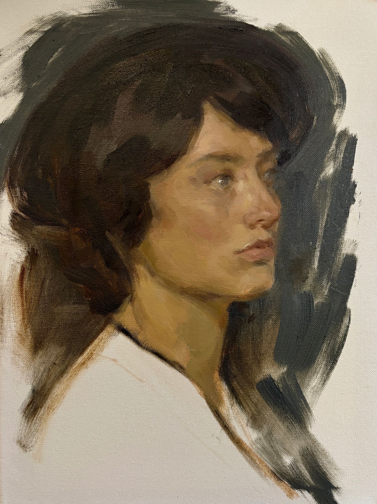 A contemplative woman painted in soft, muted tones with dark hair and a serious expression.