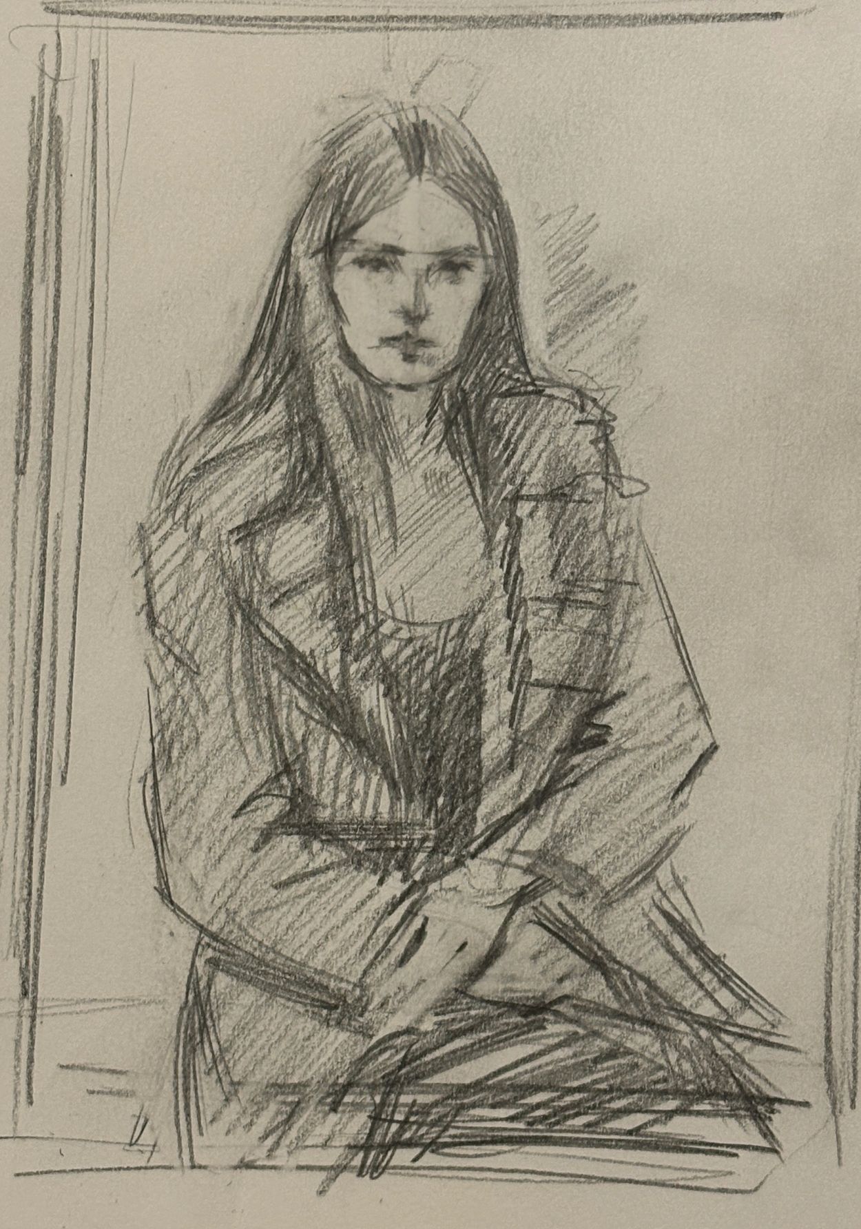 Pencil sketch of a woman with long hair seated, wearing a coat.