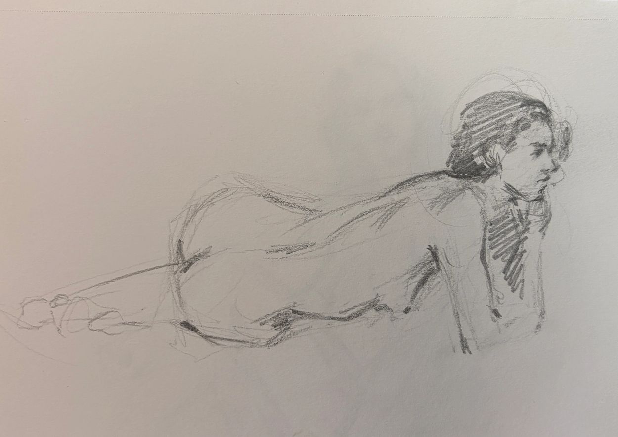 Pencil sketch of a reclining woman resting her head on her hand.