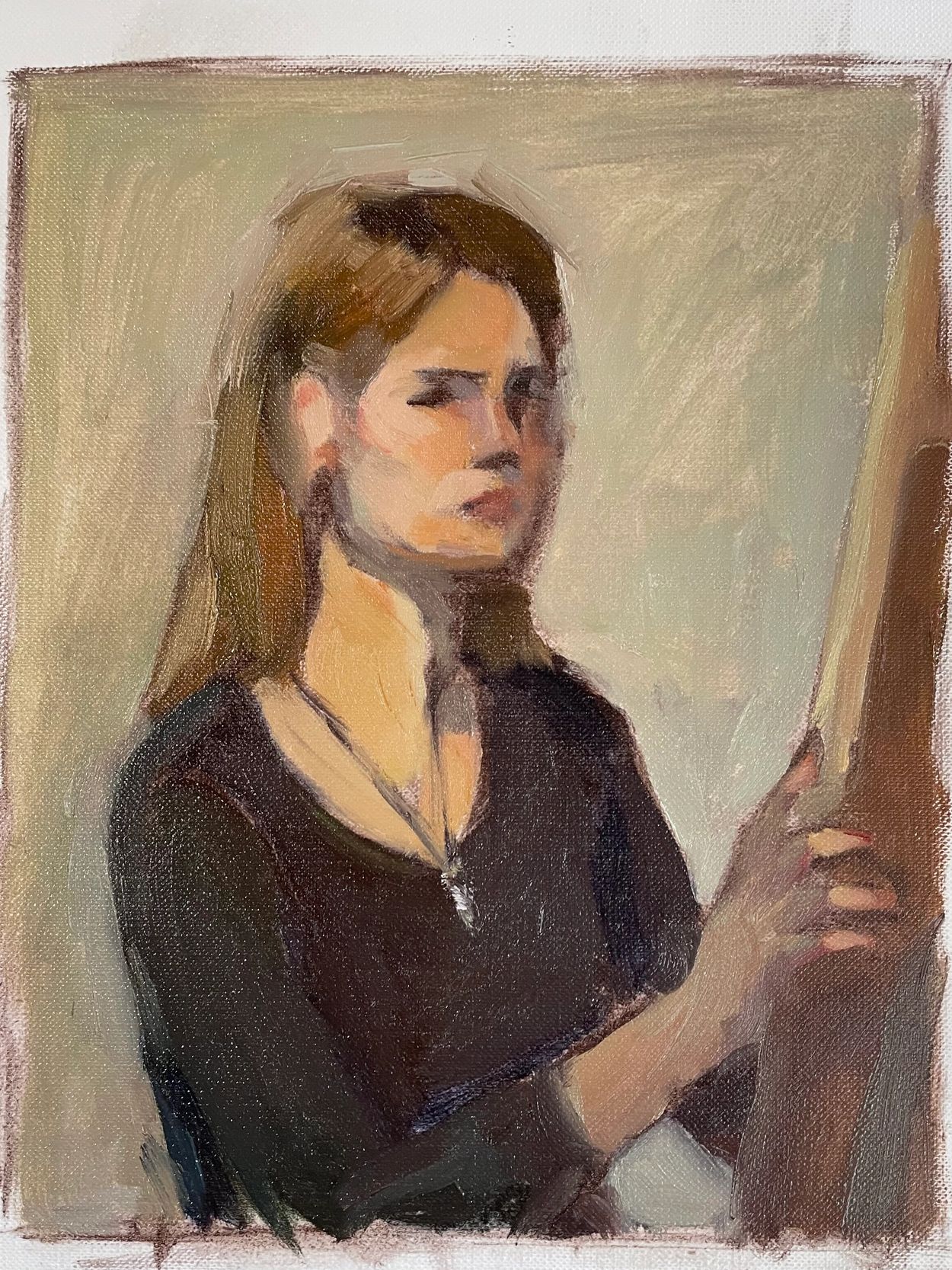 Impressionist portrait of a woman holding a canvas or easel.