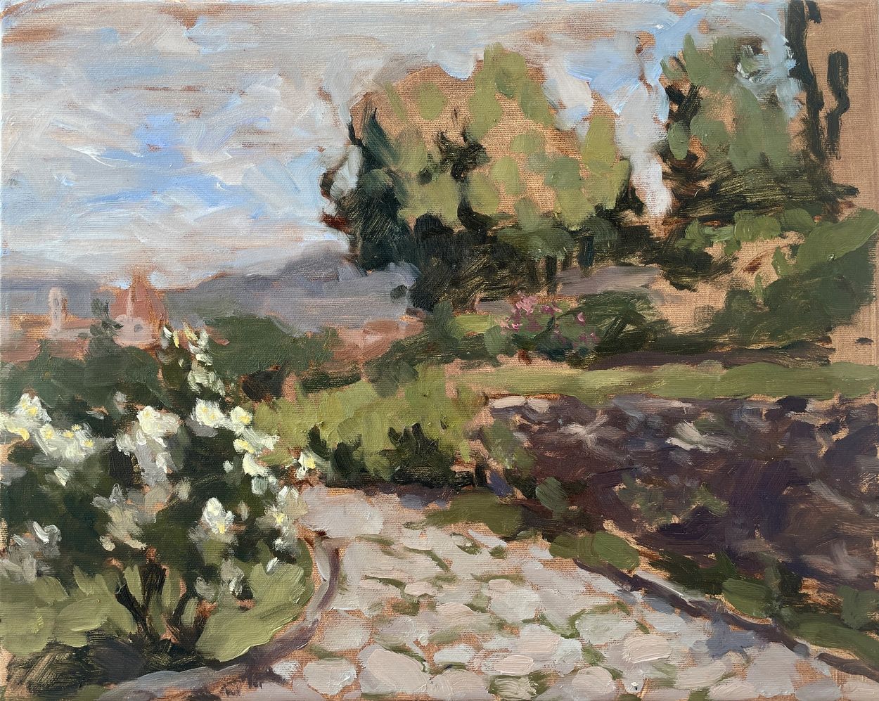 Impressionist painting of a sunny garden path with blooming white flowers and green trees.