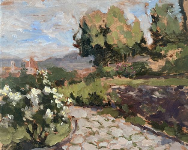 Impressionist painting of a sunny garden path in a rose garden in Florence, Italy.