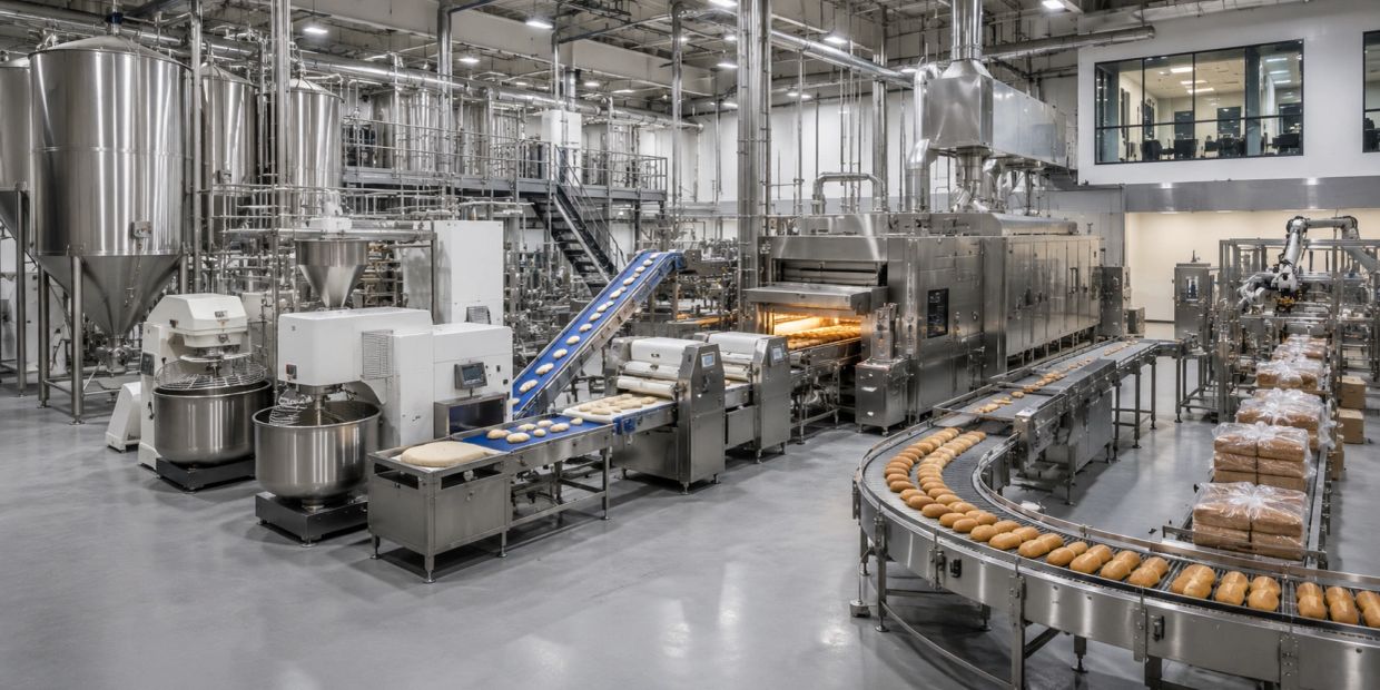 Industrial bakery with automated bread production line.