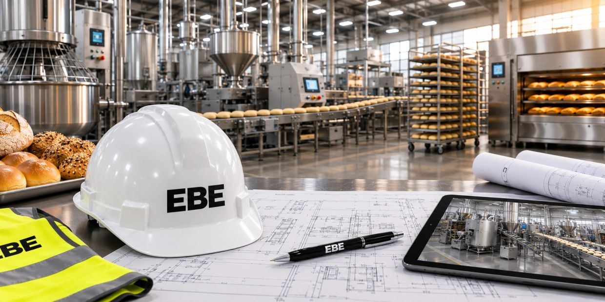 Industrial bakery production with safety gear and blueprints.