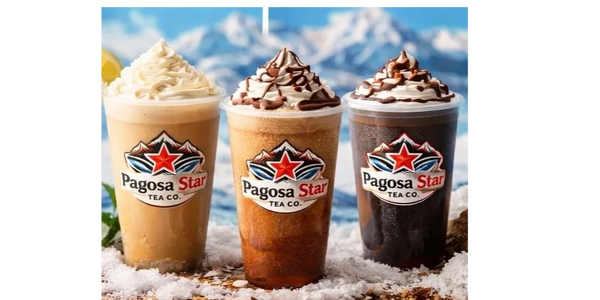 Three iced drinks with whipped cream from Pagosa Star Tea Co.