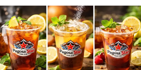 Variety of iced teas from Pagosa Star Tea Co. with fresh fruit and mint garnishes.