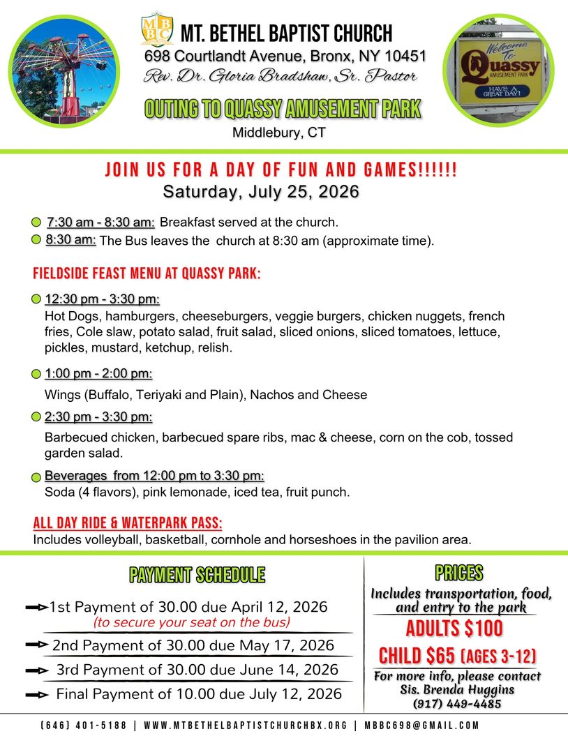 Flyer for Mt. Bethel Baptist Church outing to Quassy Amusement Park with schedule and prices.