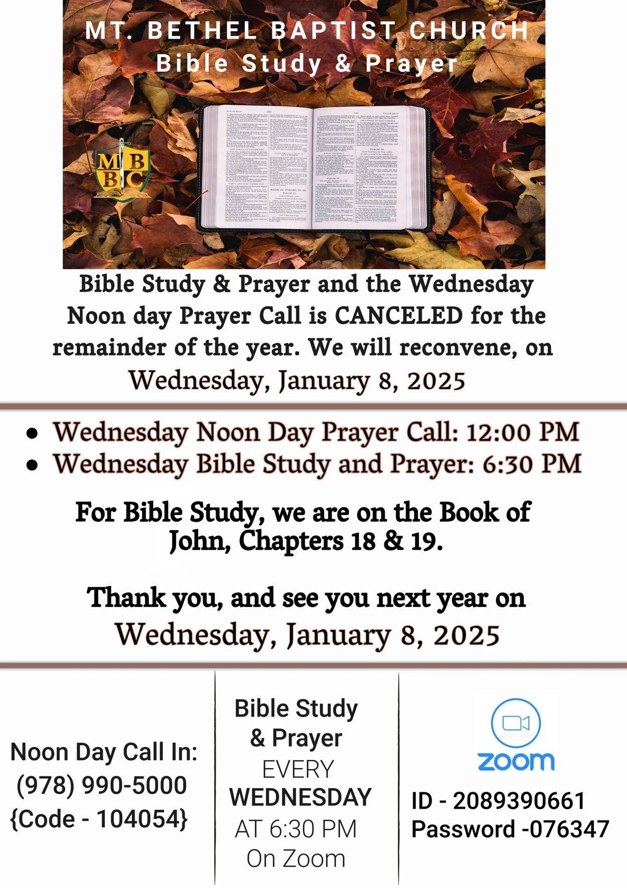 Mt. Bethel Baptist Church cancels Bible Study & Prayer until January 8, 2025, with Zoom sessions on Wednesdays.