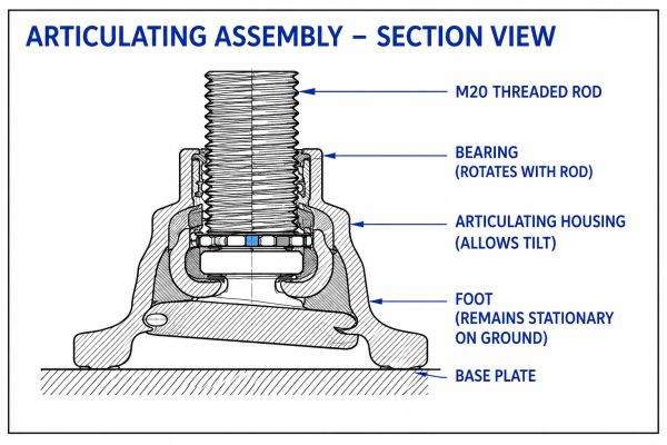 Section view of an articulating assembly with labeled parts.