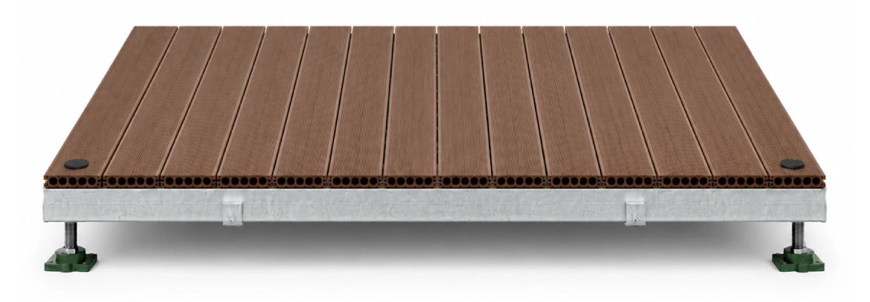 Raised brown composite decking panel with metal frame and adjustable feet.