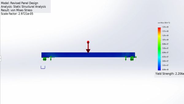 Finite element analysis of a panel under load showing von Mises stress distribution.