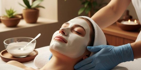 A woman enjoys a facial spa treatment with a white face mask and towel.