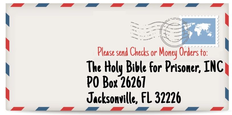 Envelope giving the address of The Holy Bible for Prisoners. (Red, White & Blue)
