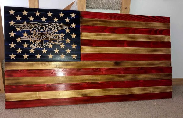 Navy Seal wooden flag with the Trident carved emblem stars