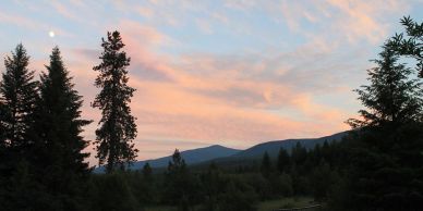 Sunset sky over a forest and mountain landscape.