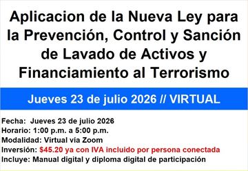 Anuncio de aplicación de ley sobre lavado de activos y terrorismo, curso virtual 23 julio 2026.