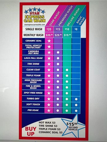 Star express car wash menu card on the display