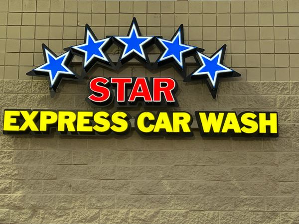 Star express car wash logo with blue stars