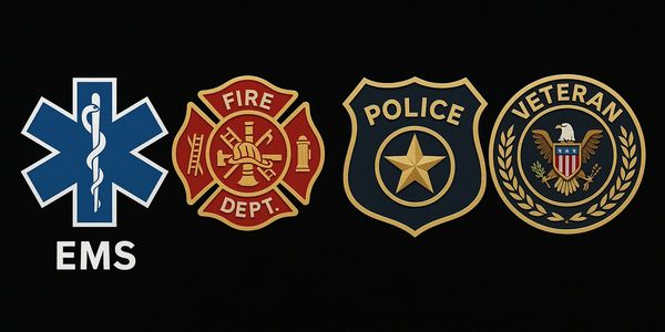 Bradley O'Neal assembled symbols representing EMS, Fire Department, Police, and Veterans on a black background.