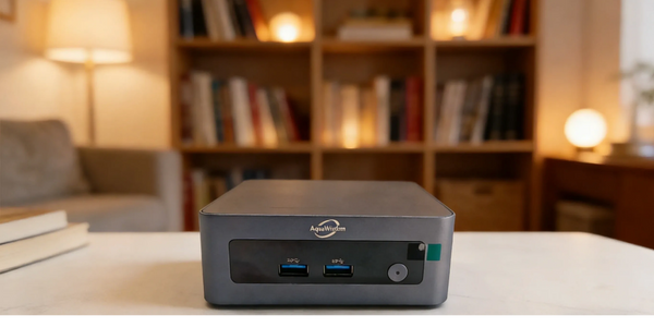 A compact AquaWizdom device on a table in a cozy room with warm lighting.