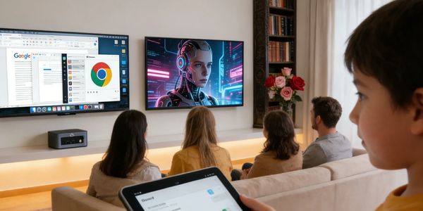 A family watches a futuristic robot on TV while a child holds a tablet in a cozy living room.