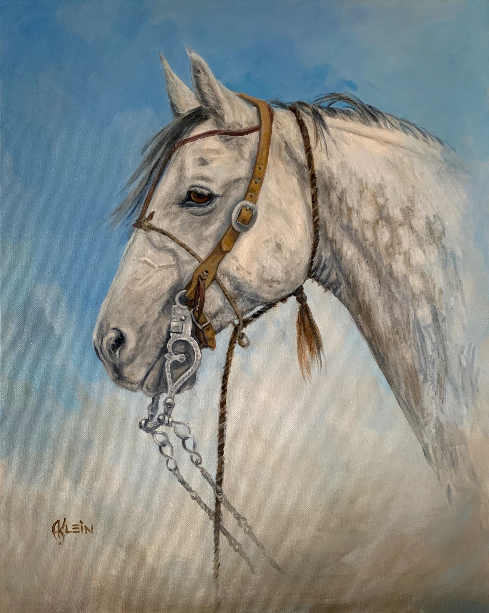 Grey horse wearing bridle