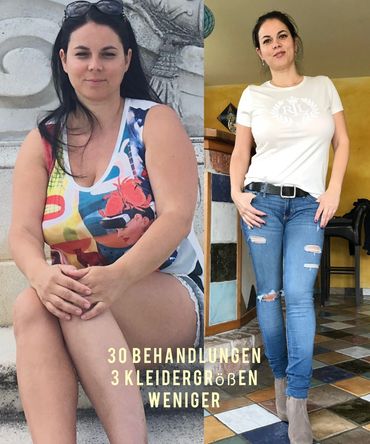 Abnehmen im Liegen Erfolg nach 30er Block 3 Kleidergrößen weniger. Die Kundin ist glücklich
