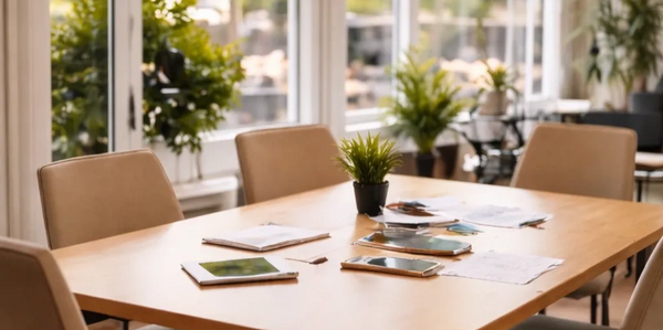 Modern meeting room with wooden table, beige chairs, and natural light from large windows.