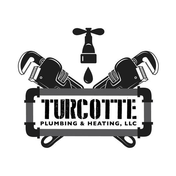 Logo for Turcotte Plumbing & Heating featuring pipes, wrenches, and a dripping faucet.