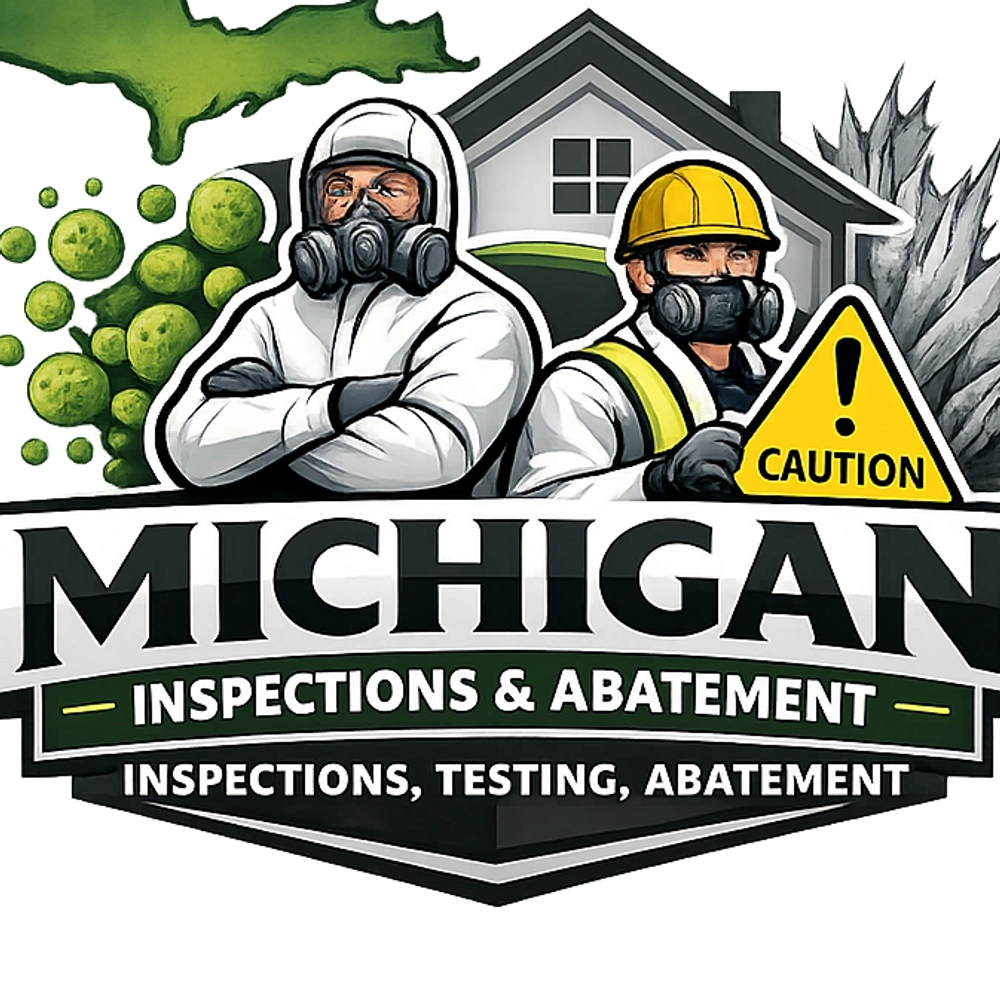Logo for Michigan Inspections & Abatement featuring two workers in protective gear.