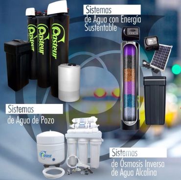 Various sustainable and efficient water filtration systems displayed with labels.