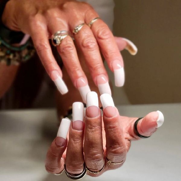HAND CARVED PINK AND WHITE ACRYLIC NAILS